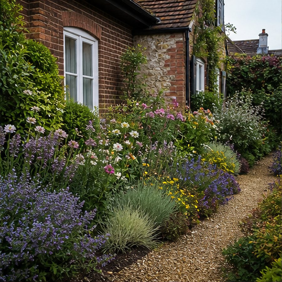 Cottage garden border with layered shrubs and flowers