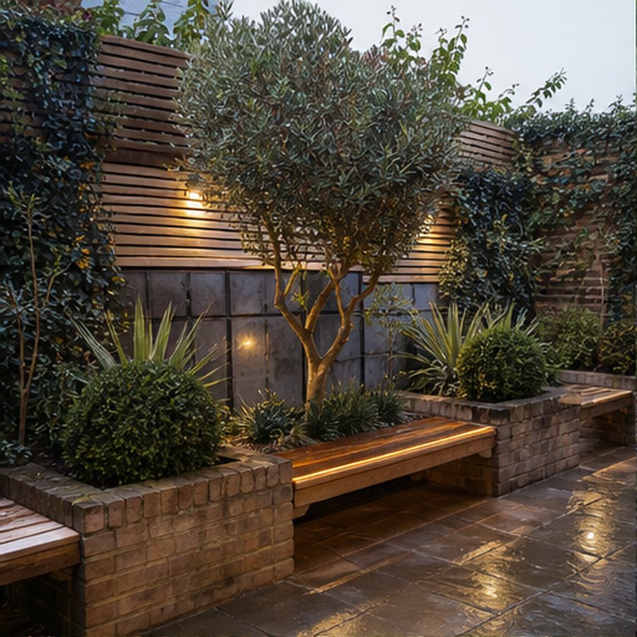 Courtyard garden with established planting and timber seating