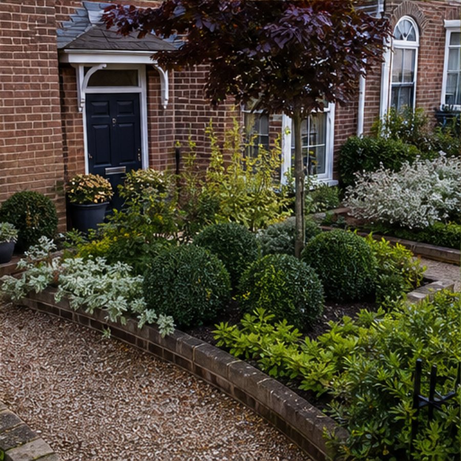 Freshly tidied front garden with clean planting
