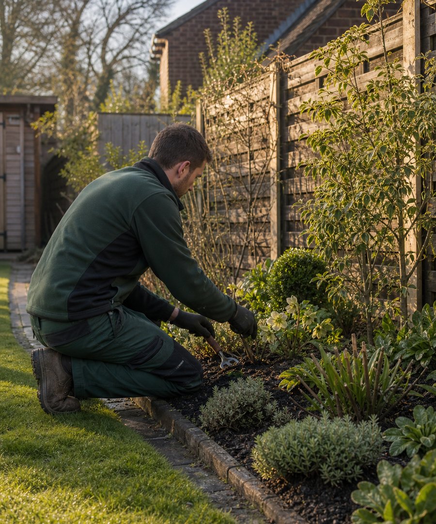 Gardener preparing a planted border