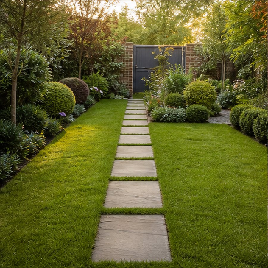 Renewed lawn and garden path with neat edges