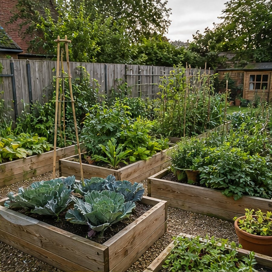 Raised vegetable beds in a tidy back garden